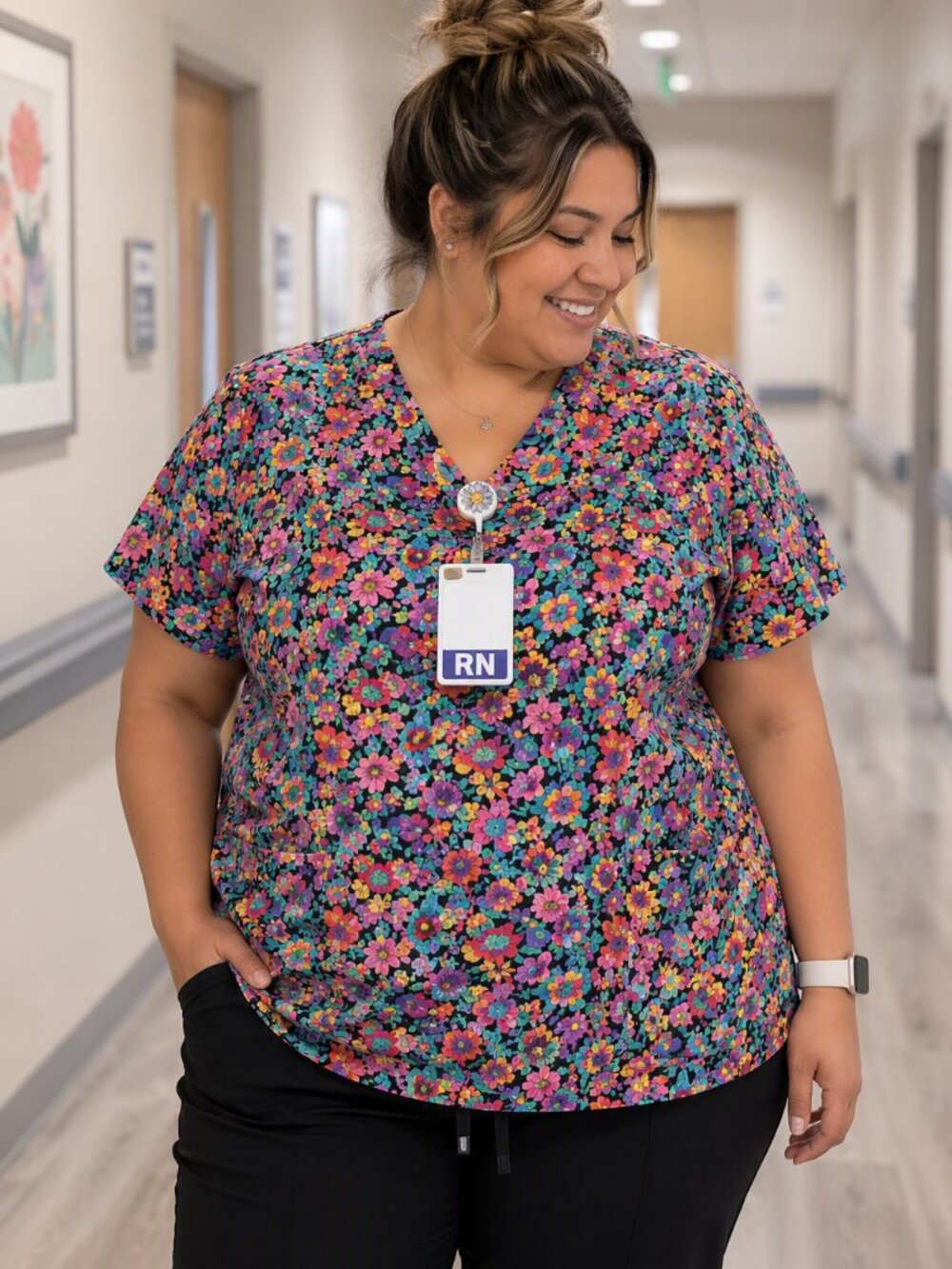 440-Floral Scrub Top | Colorful Meadow Print | Vibrant Workwear Aestthetic NWOT